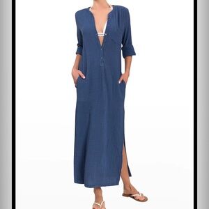 Everyday Ritual Tracy Gauze Cotton Henley Caftan Blue Large